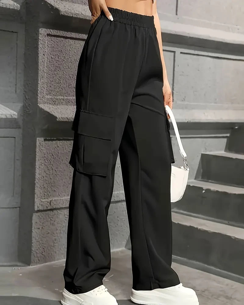 Elastic Waist Fashionable Workwear Pants High Waist Wide Leg Pants Loose Solid Color Casual Sports Pants
