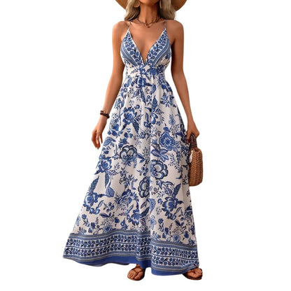 Women's Printed Suspender Long Skirt Maxi Dress Beach Dress