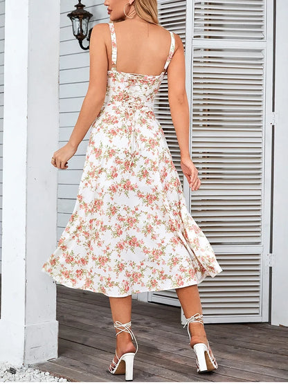 Floral Print Midi Dress Boned Tie Up Split Adjustable Strapes Zip Casual Party Dresses Beach Women