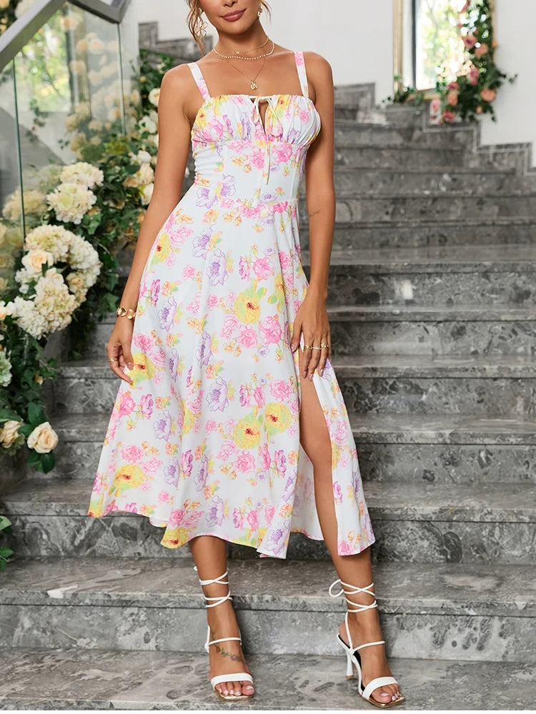Floral Print Midi Dress Boned Tie Up Split Adjustable Strapes Zip Casual Party Dresses Beach Women