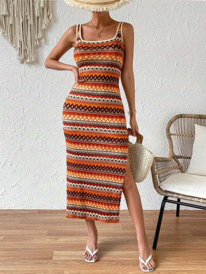 Chevron Backless Split Hem Tank Dresses for Women, Boho Chic Sleeveless Scoop Neck Long Dress for Beach Holiday Vacation, Dress