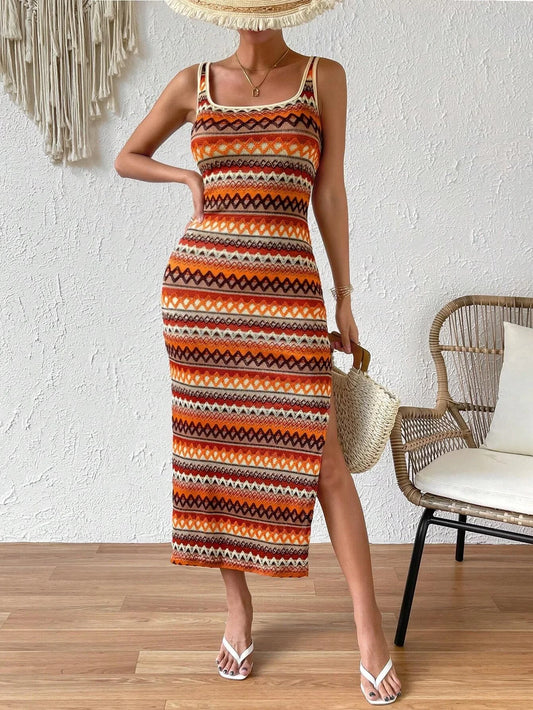 Chevron Backless Split Hem Tank Dresses for Women, Boho Chic Sleeveless Scoop Neck Long Dress for Beach Holiday Vacation, Dress