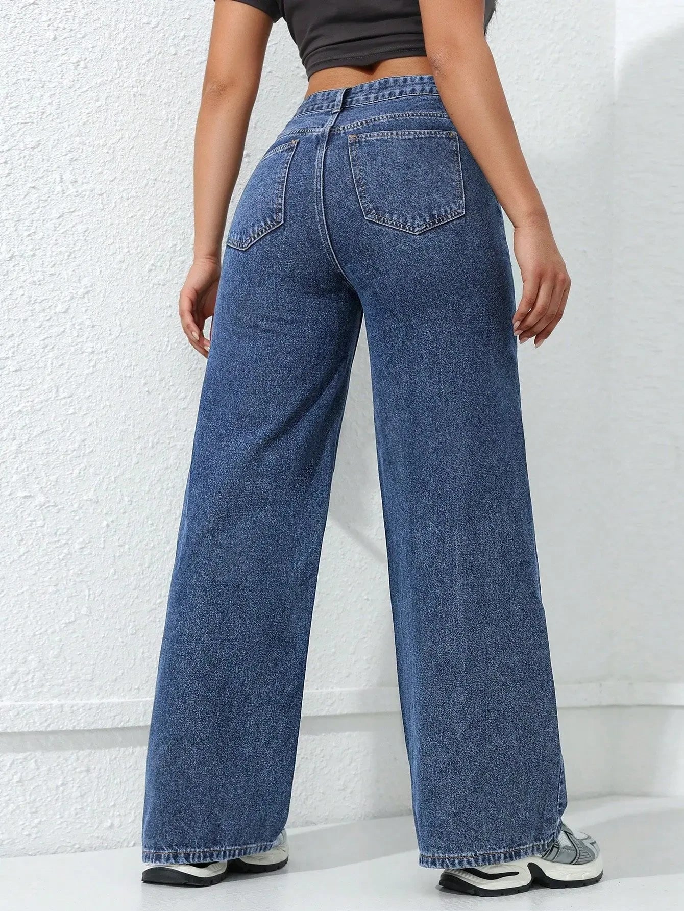 Retro Loose Wide Leg Jeans Women Solid Straight Wash High Elastic Waist Denim Pants Casual Streetwear Pocket Trousers