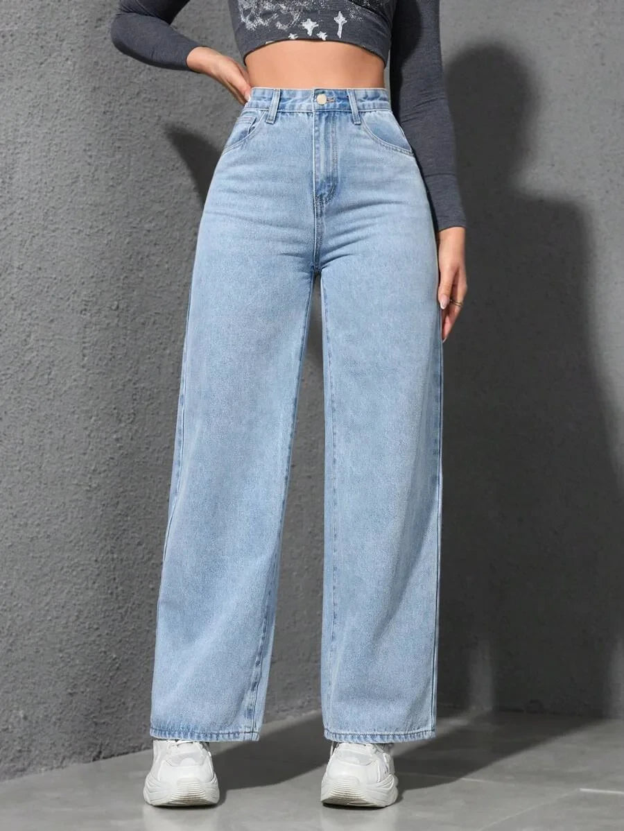 Retro Loose Wide Leg Jeans Women Solid Straight Wash High Elastic Waist Denim Pants Casual Streetwear Pocket Trousers