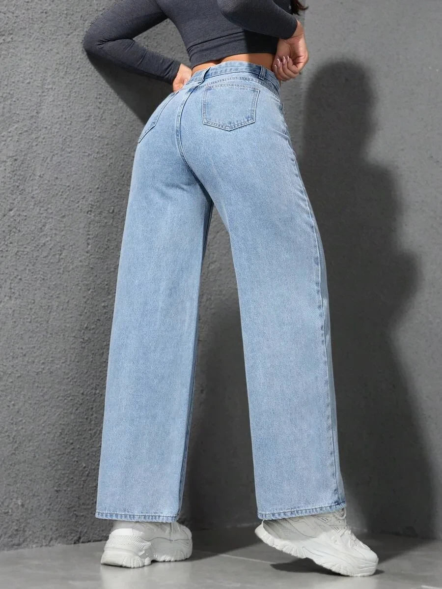 Retro Loose Wide Leg Jeans Women Solid Straight Wash High Elastic Waist Denim Pants Casual Streetwear Pocket Trousers