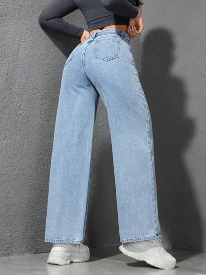 Retro Loose Wide Leg Jeans Women Solid Straight Wash High Elastic Waist Denim Pants Casual Streetwear Pocket Trousers
