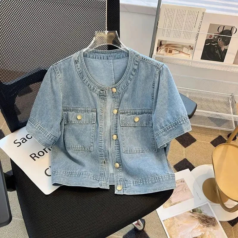 Women's Denim Jackets Streetwear Short Sleeve Jean Jacket Outwear Ropa Mujer Retro Vintage Coat Cropped Tops
