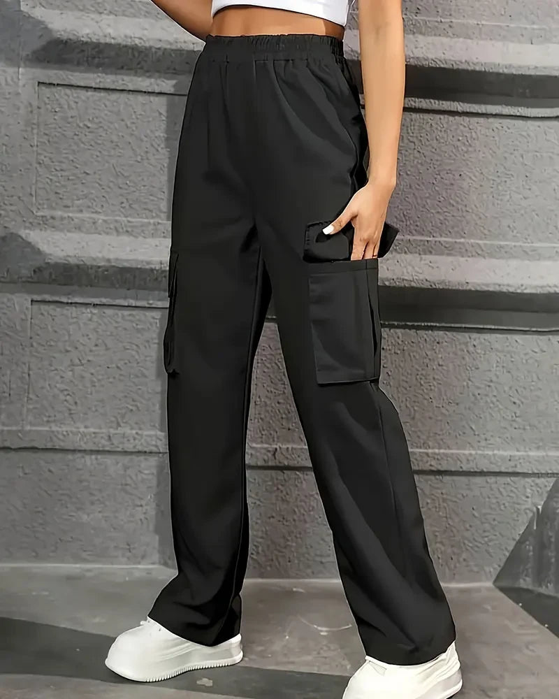 Elastic Waist Fashionable Workwear Pants High Waist Wide Leg Pants Loose Solid Color Casual Sports Pants