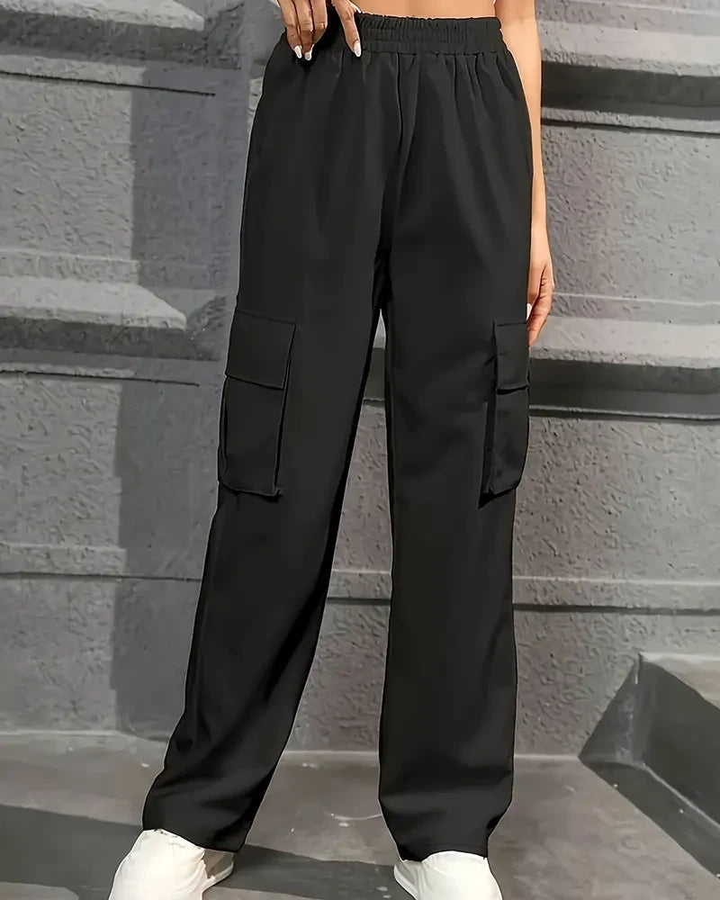 Elastic Waist Fashionable Workwear Pants High Waist Wide Leg Pants Loose Solid Color Casual Sports Pants