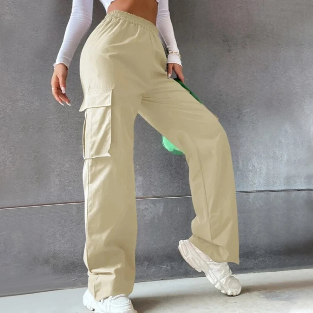Elastic Waist Fashionable Workwear Pants High Waist Wide Leg Pants Loose Solid Color Casual Sports Pants