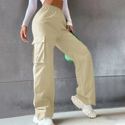 Elastic Waist Fashionable Workwear Pants High Waist Wide Leg Pants Loose Solid Color Casual Sports Pants