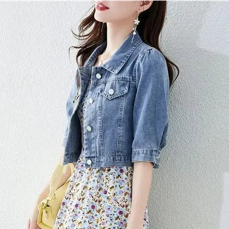 Vintage Crops Trendy Turn Down Collar Jackets Women Basic Solid Outwear Half Sleeve Denim Jacket Women