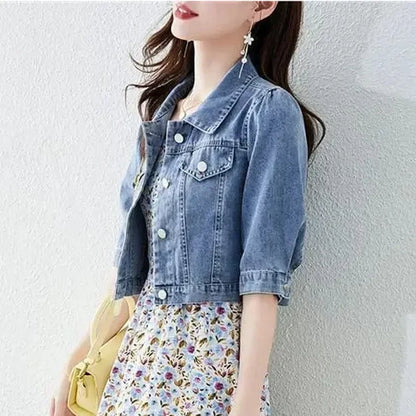 Vintage Crops Trendy Turn Down Collar Jackets Women Basic Solid Outwear Half Sleeve Denim Jacket Women
