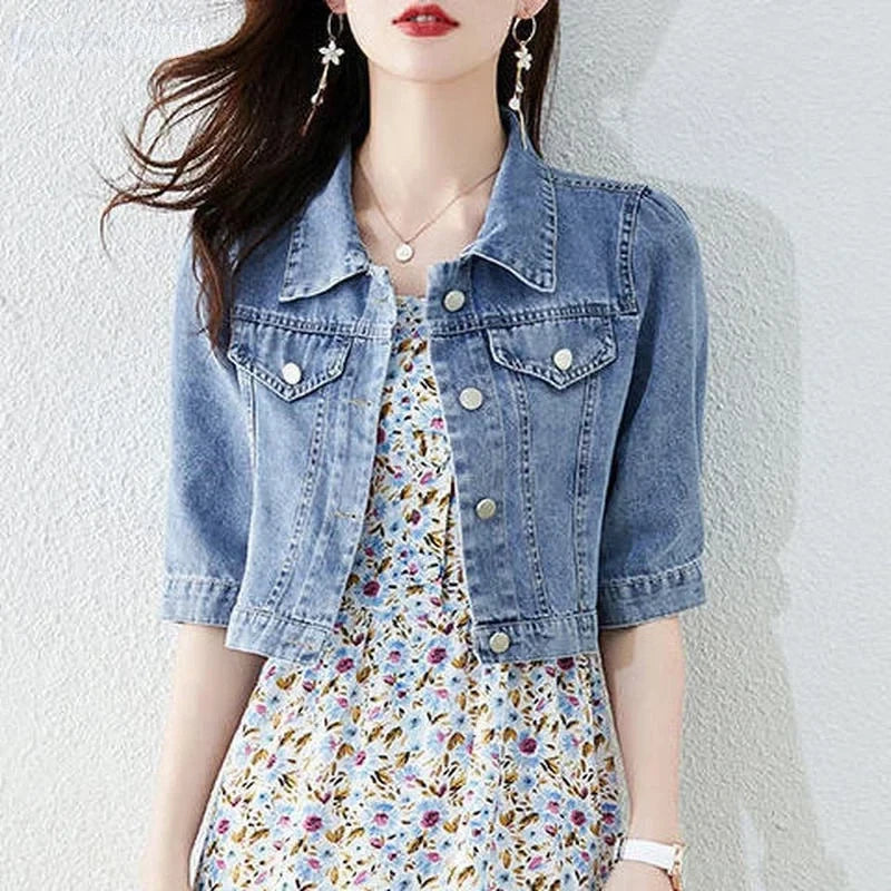 Vintage Crops Trendy Turn Down Collar Jackets Women Basic Solid Outwear Half Sleeve Denim Jacket Women