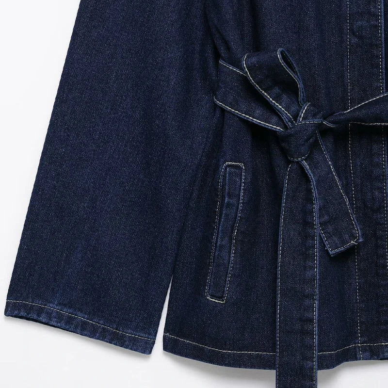 Women With Belt Denim Single Breasted Jackets Vintage Lapel Neck Long Sleeves Female Chic Lady Outfits