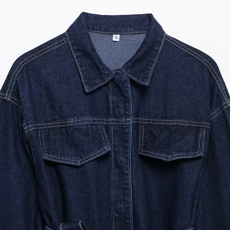 Women With Belt Denim Single Breasted Jackets Vintage Lapel Neck Long Sleeves Female Chic Lady Outfits