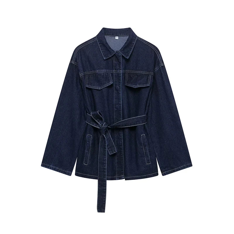 Women With Belt Denim Single Breasted Jackets Vintage Lapel Neck Long Sleeves Female Chic Lady Outfits