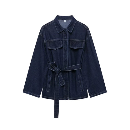Women With Belt Denim Single Breasted Jackets Vintage Lapel Neck Long Sleeves Female Chic Lady Outfits