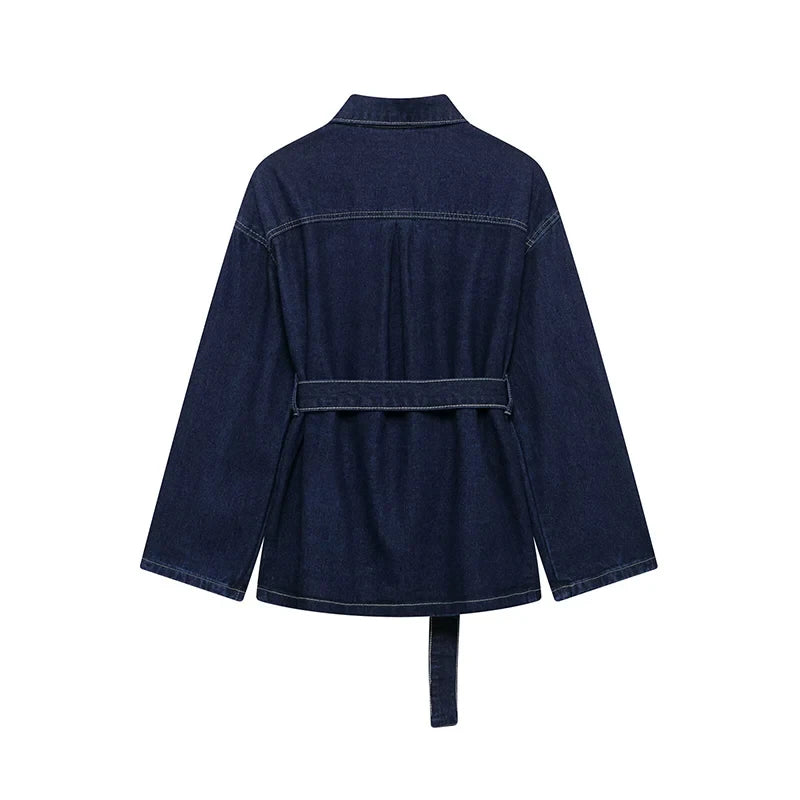 Women With Belt Denim Single Breasted Jackets Vintage Lapel Neck Long Sleeves Female Chic Lady Outfits