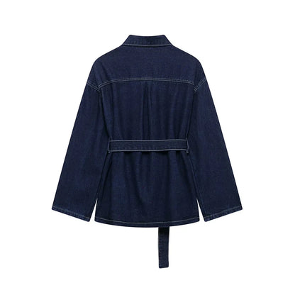Women With Belt Denim Single Breasted Jackets Vintage Lapel Neck Long Sleeves Female Chic Lady Outfits