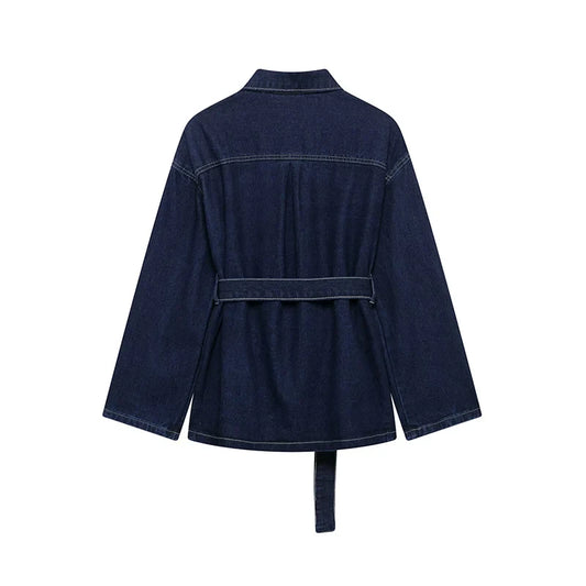 Women With Belt Denim Single Breasted Jackets Vintage Lapel Neck Long Sleeves Female Chic Lady Outfits