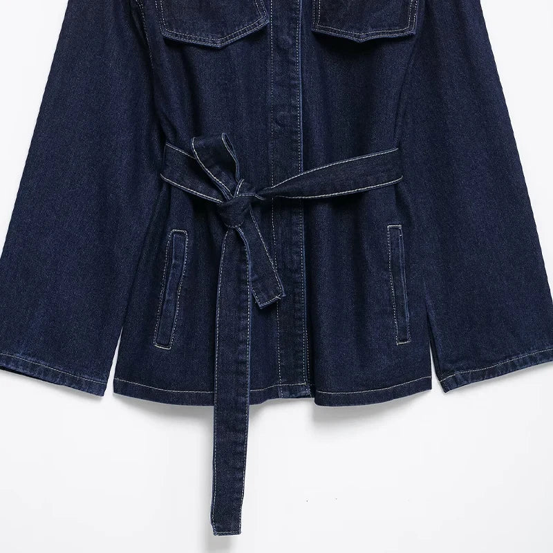 Women With Belt Denim Single Breasted Jackets Vintage Lapel Neck Long Sleeves Female Chic Lady Outfits